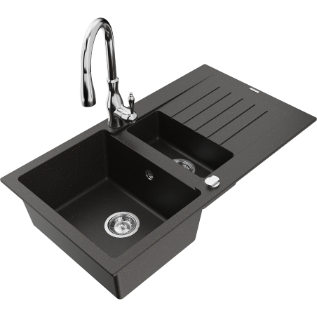 Mexen Matias granite sink 1.5-bowl with drainer and Savita kitchen faucet, black/gold - 6502-75-672601-00