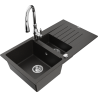 Mexen Matias 1.5-compartment granite sink with a drip tray and kitchen mixer tap Savita, Black/Gold - 6502-75-672601-00