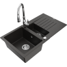 Mexen Matias granite sink 1.5-bowl with drainer and kitchen faucet Savita, black/gold - 6502-75-672601-00