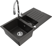Mexen Matias 1.5-compartment granite sink with a drip tray and kitchen mixer tap Savita, Black/Gold - 6502-75-672601-00