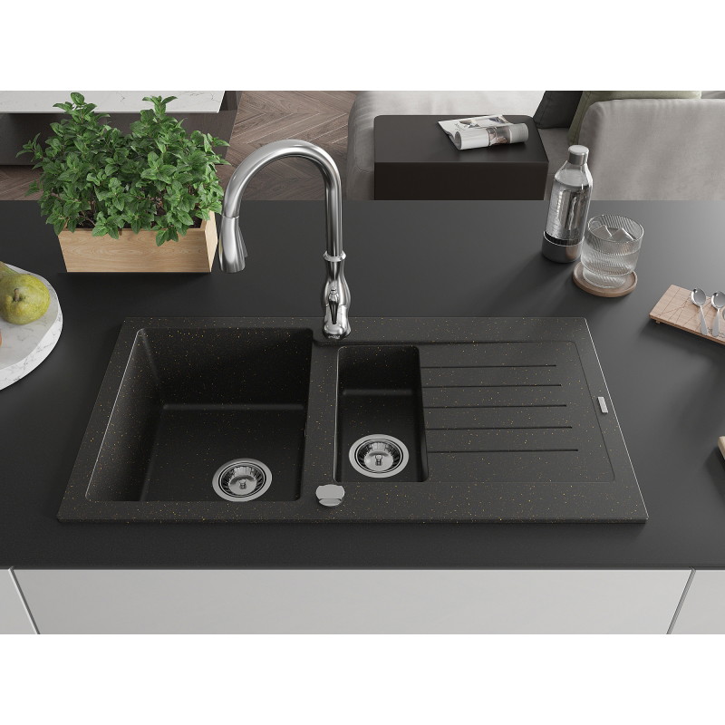 Mexen Matias granite sink 1.5-bowl with drainer and Savita kitchen faucet, black/gold - 6502-75-672601-00