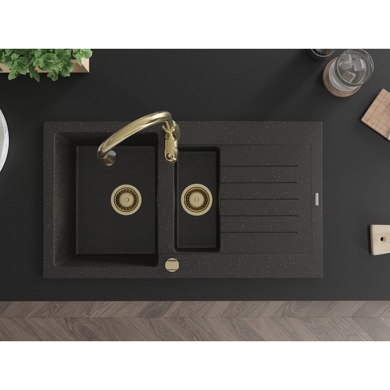 Mexen Matias 1.5-bowl granite sink with drainer and Savita kitchen faucet, black/gold - 6502-75-672601-50