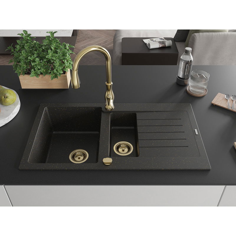 Mexen Matias 1.5-bowl granite sink with drainer and Savita kitchen tap, black/gold - 6502-75-672601-50