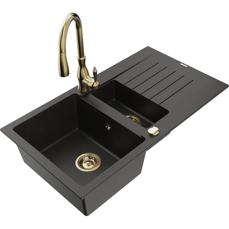 Mexen Matias 1.5-bowl granite sink with drainer and Savita kitchen faucet, black/gold - 6502-75-672601-50