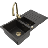 Mexen Matias 1.5-bowl granite sink with drainer and Savita kitchen faucet, black/gold - 6502-75-672601-50