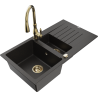 Mexen Matias granite sink 1.5-bowl with drainer and Savita kitchen faucet, black/gold - 6502-75-672601-50