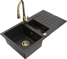 Mexen Matias granite sink 1.5-bowl with drainer and Savita kitchen faucet, black/gold - 6502-75-672601-50