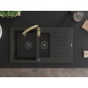 Mexen Matias 1.5-bowl granite sink with drainer and Savita kitchen faucet, black/gold - 6502-75-672601-50-B