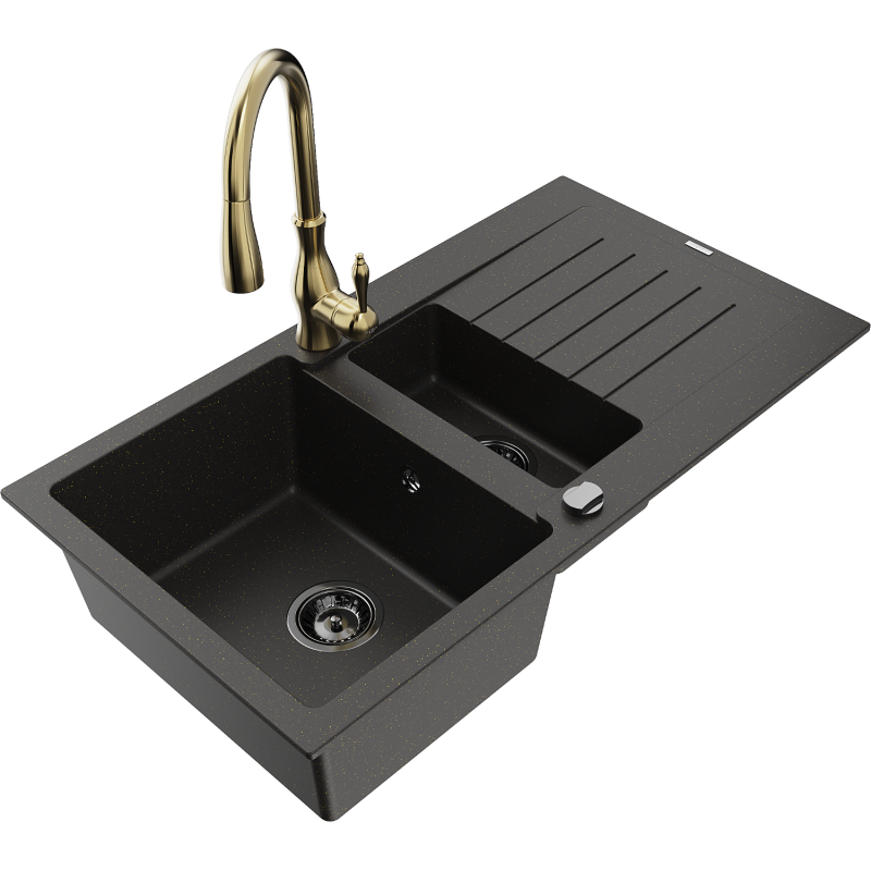 Mexen Matias 1.5-bowl granite sink with drainer and Savita kitchen faucet, black/gold - 6502-75-672601-50-B