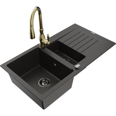 Mexen Matias 1.5-bowl granite sink with drainer and Savita kitchen faucet, black/gold - 6502-75-672601-50-B