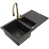Mexen Matias 1.5-bowl granite sink with drainer and Savita kitchen faucet, black/gold - 6502-75-672601-50-B