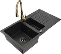 Mexen Matias 1.5-bowl granite sink with drainer and Savita kitchen faucet, black/gold - 6502-75-672601-50-B
