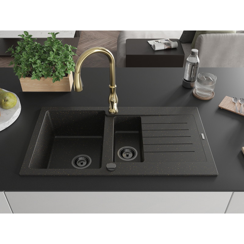 Mexen Matias 1.5-bowl granite sink with drainer and Savita kitchen faucet, black/gold - 6502-75-672601-50-B