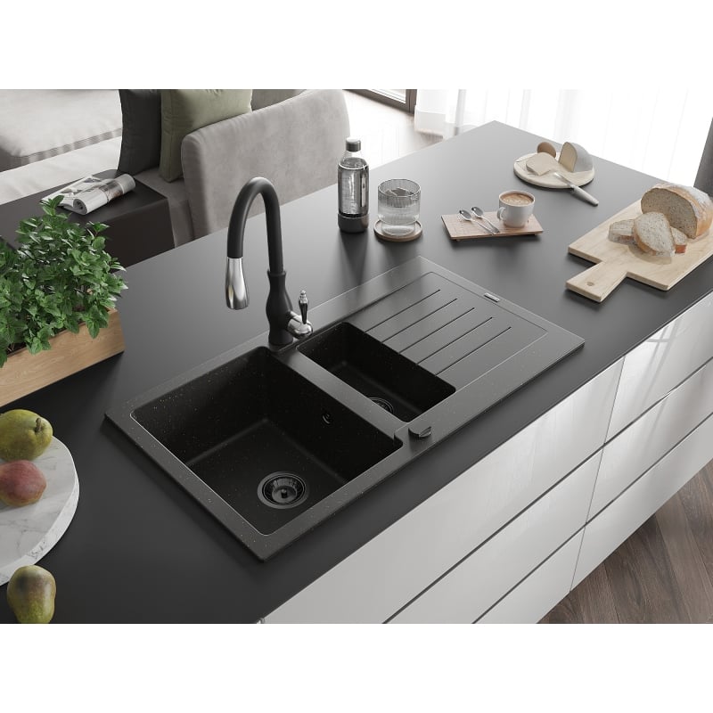 Mexen Matias granite sink 1.5-bowl with drainer and Savita kitchen faucet, black/gold - 6502-75-672601-70-B