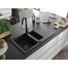 Mexen Matias granite sink 1.5-bowl with drainer and Savita kitchen faucet, black/gold - 6502-75-672601-70-B
