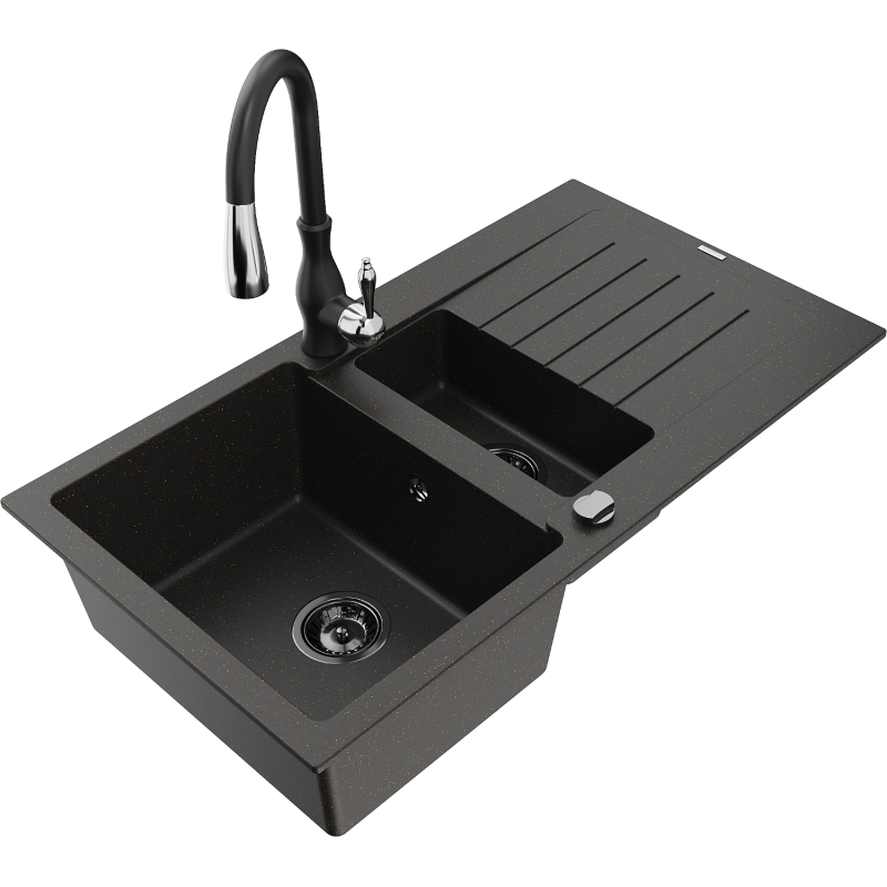 Mexen Matias 1.5-compartment granite sink with a drip tray and kitchen mixer tap Savita, Black/Gold - 6502-75-672601-70-B