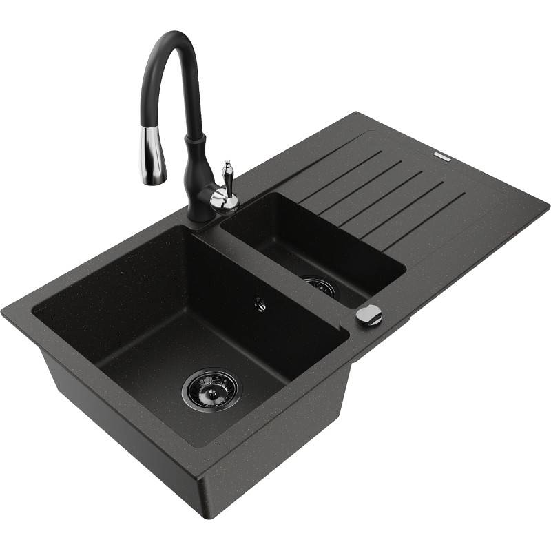 Mexen Matias granite sink 1.5-bowl with drainer and Savita kitchen faucet, black/gold - 6502-75-672601-70-B