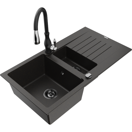 Mexen Matias granite sink 1.5-bowl with drainer and Savita kitchen faucet, black/gold - 6502-75-672601-70-B