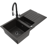 Mexen Matias granite sink 1.5-bowl with drainer and Savita kitchen faucet, black/gold - 6502-75-672601-70-B