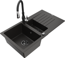 Mexen Matias 1.5-compartment granite sink with a drip tray and kitchen mixer tap Savita, Black/Gold - 6502-75-672601-70-B