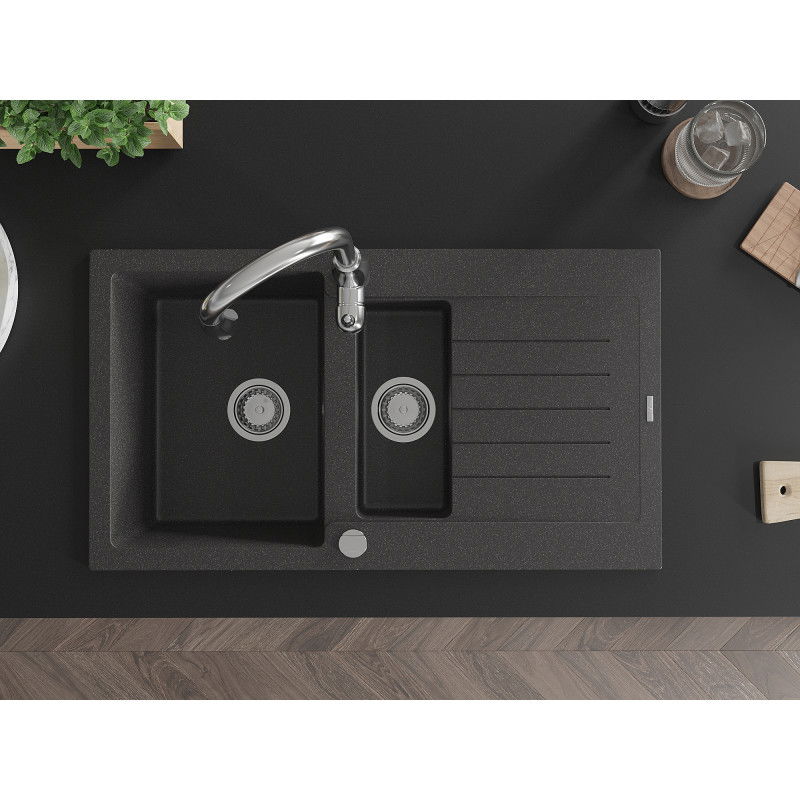 Mexen Matias granite sink 1.5-bowl with a drainer and Savita kitchen tap, speckled black - 6502-76-672601-00