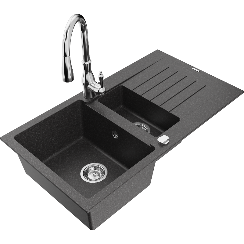 Mexen Matias granite sink 1.5-bowl with a drainer and Savita kitchen tap, speckled black - 6502-76-672601-00