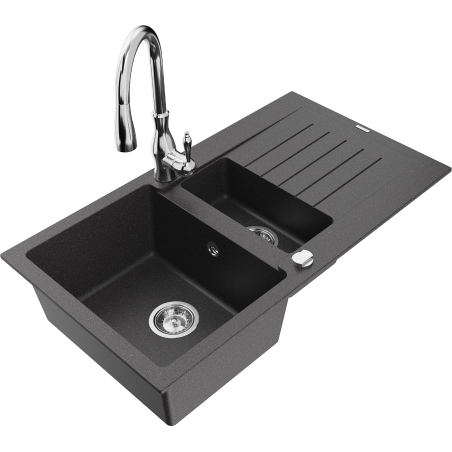 Mexen Matias granite sink 1.5-bowl with a drainer and Savita kitchen tap, speckled black - 6502-76-672601-00