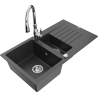 Mexen Matias 1.5-bowl granite sink with drainer and Savita kitchen faucet, speckled black - 6502-76-672601-00