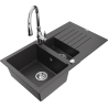 Mexen Matias 1.5-compartment granite sink with a drip tray and kitchen mixer tap Savita, spotted black - 6502-76-672601-00