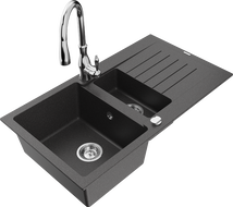 Mexen Matias granite sink 1.5-bowl with a drainer and Savita kitchen tap, speckled black - 6502-76-672601-00