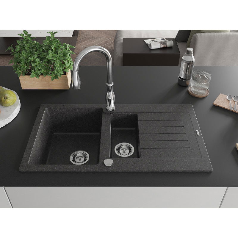 Mexen Matias granite sink 1.5-bowl with a drainer and Savita kitchen tap, speckled black - 6502-76-672601-00