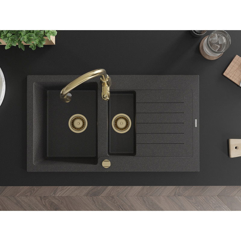 Mexen Matias 1.5-bowl granite sink with drainer and Savita kitchen tap, black speckled - 6502-76-672601-50
