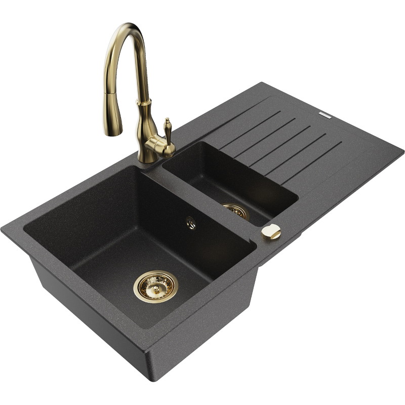 Mexen Matias 1.5-bowl granite sink with drainer and Savita kitchen faucet, speckled black - 6502-76-672601-50
