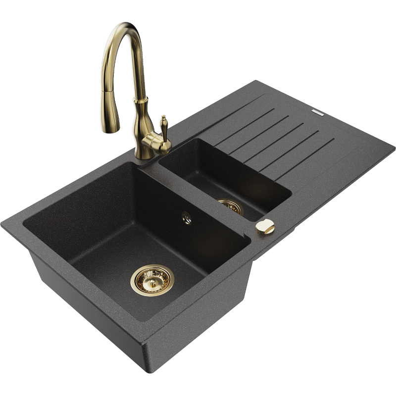Mexen Matias 1.5-compartment granite sink with a drip tray and kitchen mixer tap Savita, spotted black - 6502-76-672601-50