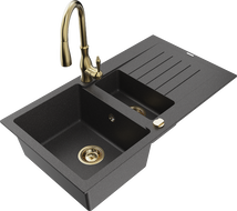 Mexen Matias 1.5-compartment granite sink with a drip tray and kitchen mixer tap Savita, spotted black - 6502-76-672601-50