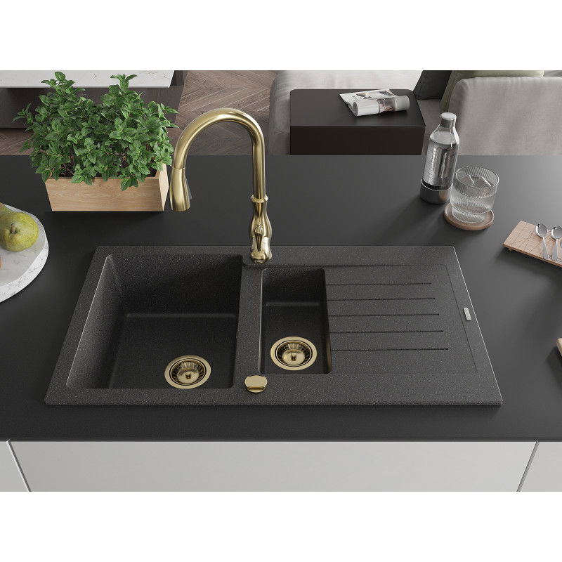 Mexen Matias 1.5-bowl granite sink with drainer and Savita kitchen tap, black speckled - 6502-76-672601-50