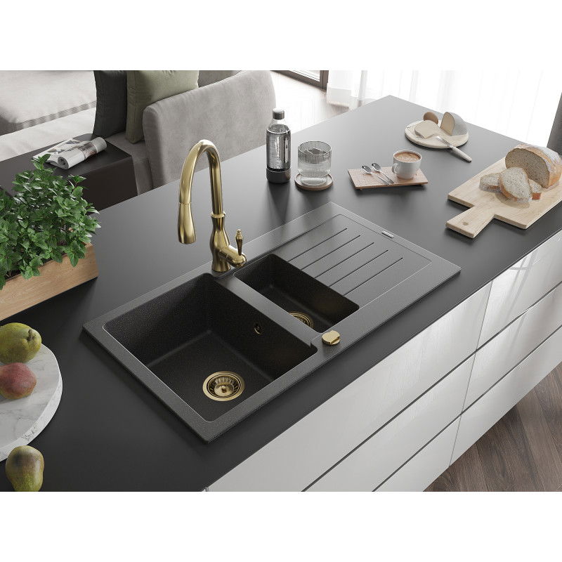 Mexen Matias 1.5-bowl granite sink with drainer and Savita kitchen tap, black speckled - 6502-76-672601-50