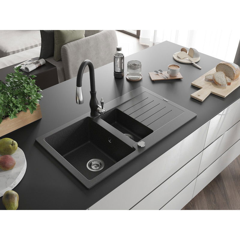 Mexen Matias granite sink 1.5-bowl with drainer and Savita kitchen tap, black speckled - 6502-76-672601-70