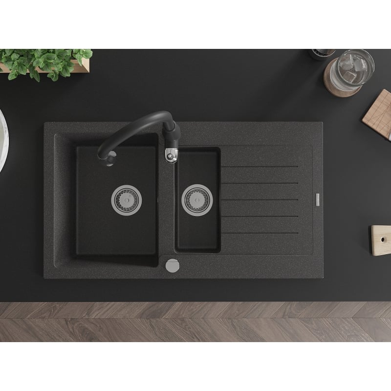 Mexen Matias 1.5-bowl Granite Sink with Drainer and Savita Kitchen Faucet, Black Speckled - 6502-76-672601-70