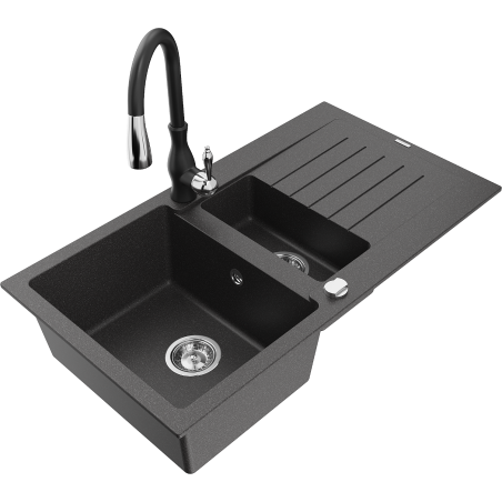 Mexen Matias 1.5-bowl Granite Sink with Drainer and Savita Kitchen Faucet, Black Speckled - 6502-76-672601-70