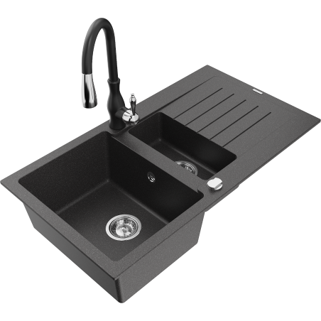 Mexen Matias 1.5-compartment granite sink with a drip tray and kitchen mixer tap Savita, spotted black - 6502-76-672601-70