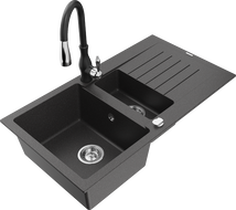 Mexen Matias 1.5-compartment granite sink with a drip tray and kitchen mixer tap Savita, spotted black - 6502-76-672601-70