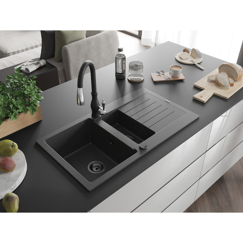 Mexen Matias granite sink 1.5-bowl with drainer and kitchen faucet Savita, speckled black - 6502-76-672601-70-B