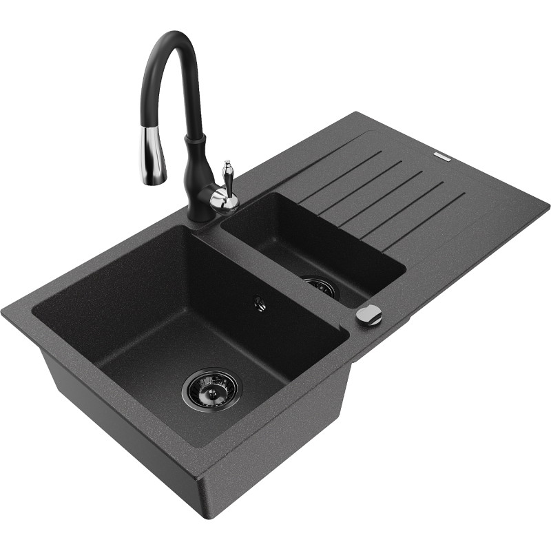 Mexen Matias granite sink 1.5-bowl with drainer and kitchen faucet Savita, speckled black - 6502-76-672601-70-B