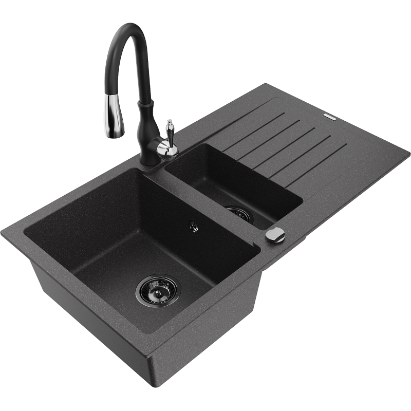 Mexen Matias Granite Sink 1.5-Bowl with Drainer and Savita Kitchen Tap, Speckled Black - 6502-76-672601-70-B