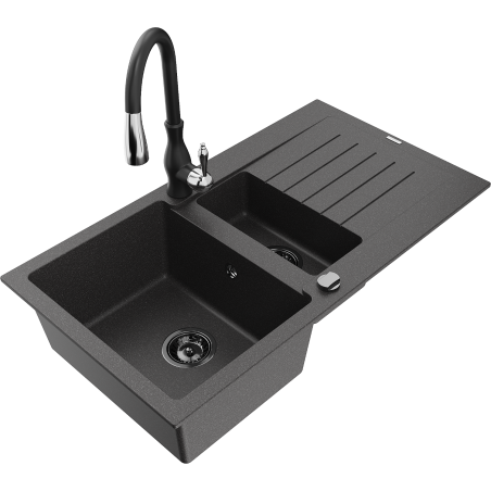 Mexen Matias 1.5-compartment granite sink with a drip tray and kitchen mixer tap Savita, spotted black - 6502-76-672601-70-B