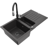 Mexen Matias 1.5-compartment granite sink with a drip tray and kitchen mixer tap Savita, spotted black - 6502-76-672601-70-B