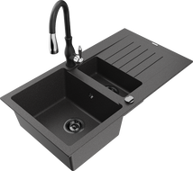 Mexen Matias Granite Sink 1.5-Bowl with Drainer and Savita Kitchen Tap, Speckled Black - 6502-76-672601-70-B