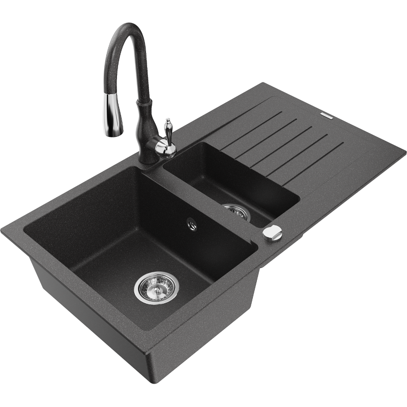 Mexen Matias 1.5-compartment granite sink with a drip tray and kitchen mixer tap Savita, spotted black - 6502-76-672601-76