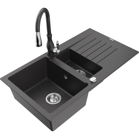 Mexen Matias 1.5-compartment granite sink with a drip tray and kitchen mixer tap Savita, spotted black - 6502-76-672601-76